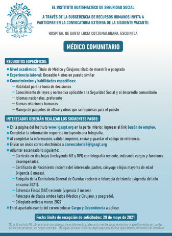 El IGSS contratará Médico Comunitario para el Hospital de Santa Lucía Cotzumalguapa, Escuintla