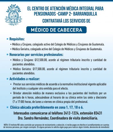 El IGSS contratará Médico de Cabecera para el Centro de Atención Médica Integral para Pensionados CAMIP 2 Barranquilla
