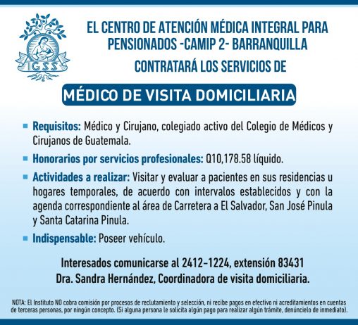 El IGSS contratará Médico de Visita Domiciliaria para el Centro de Atención Médica Integral para Pensionados CAMIP 2 Barranquilla