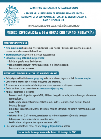 El IGSS contratará Médico Especialista A de 6 horas con turno PEDIATRÍA