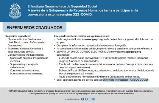 El IGSS contratará Enfermeros Graduados, renglón 022-COVID