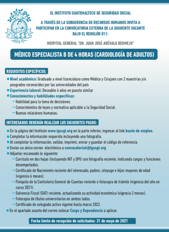 El IGSS contratará Médico Especialista B de 4 horas, Cardiología de Adultos, para el Hospital Dr. Juan José Arévalo Bermejo