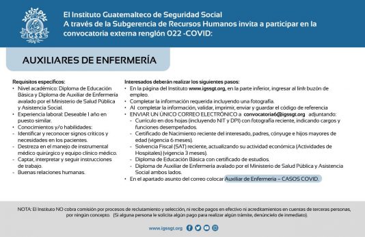 El IGSS contratará Auxiliares de Enfermería, renglón 022-COVID
