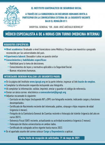El IGSS contratará Médico Especialista A de 6 horas con turno, Medicina Interna