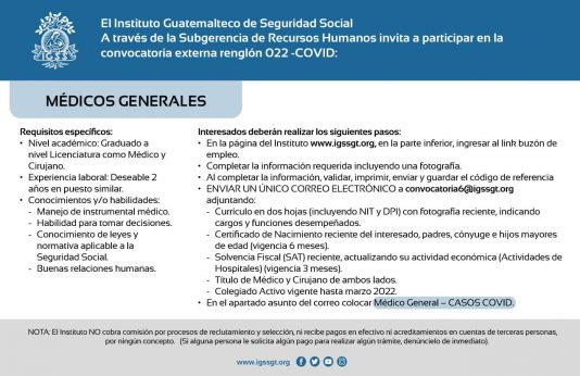 El IGSS contratará Médicos Generales, renglón 022-COVID