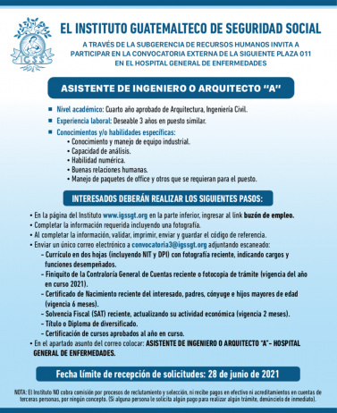 El IGSS invita a participar en la convocatoria para la plaza de Asistente de Ingeniero o Arquitecto A