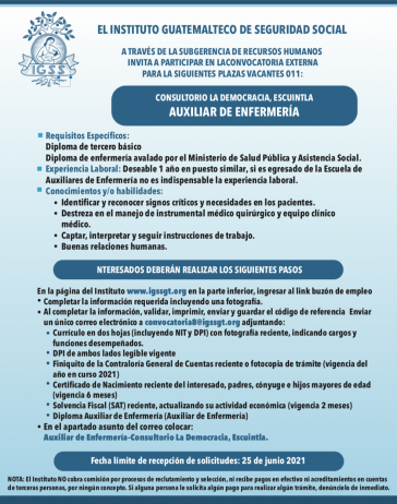 El IGSS invita a participar en la convocatoria para la plaza de Auxiliar de Enfermería