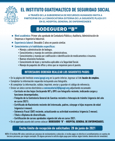 El IGSS invita a participar en la convocatoria para la plaza de Bodeguero B