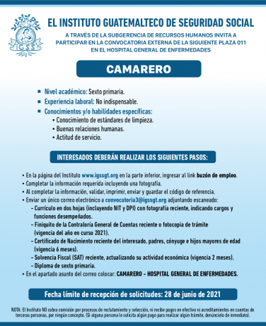 El IGSS invita a participar en la convocatoria para la plaza de Camarero