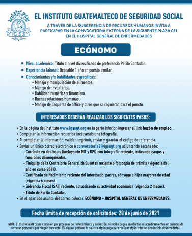 El IGSS invita a participar en la convocatoria para la plaza de Ecónomo