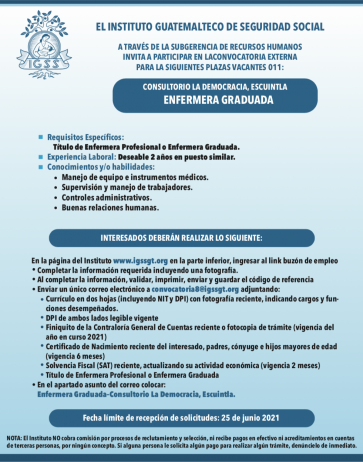 El IGSS invita a participar en la convocatoria para la plaza de Enfermera Graduada