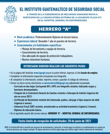 El IGSS invita a participar en la convocatoria para la plaza de Herrero A