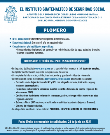 El IGSS invita a participar en la convocatoria para la plaza de Plomero