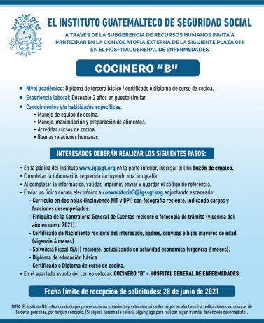 El IGSS invita a participar en la convocatoria para la plaza de Cocinero B