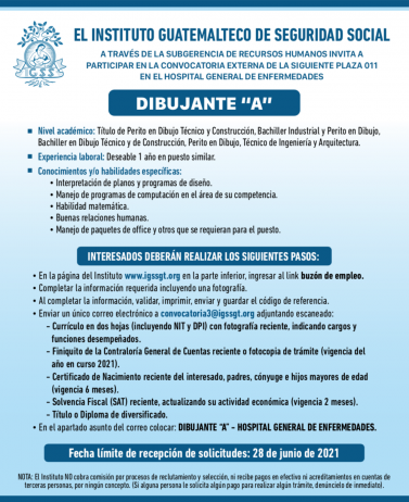 El IGSS invita a participar en la convocatoria para la plaza de Dibujante A