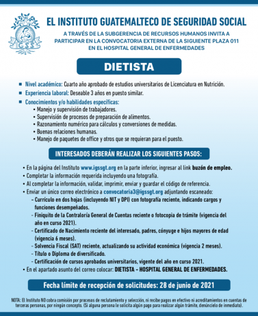 El IGSS invita a participar en la convocatoria para la plaza de Dietista
