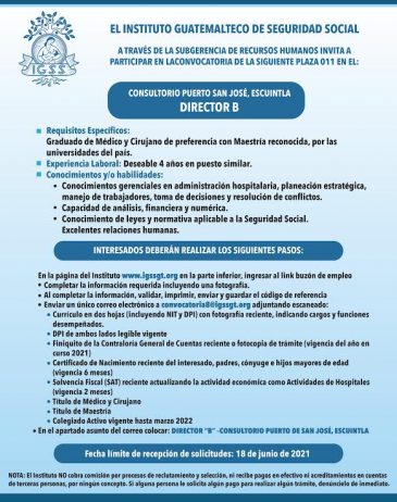 El IGSS invita a participar en la convocatoria para la plaza de Director B