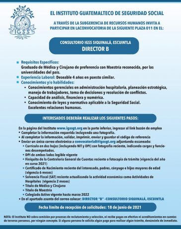 El IGSS invita a participar en la convocatoria para la plaza de Director B