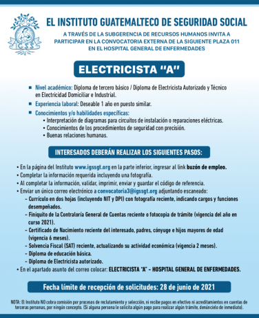 El IGSS invita a participar en la convocatoria para la plaza de Electricista A