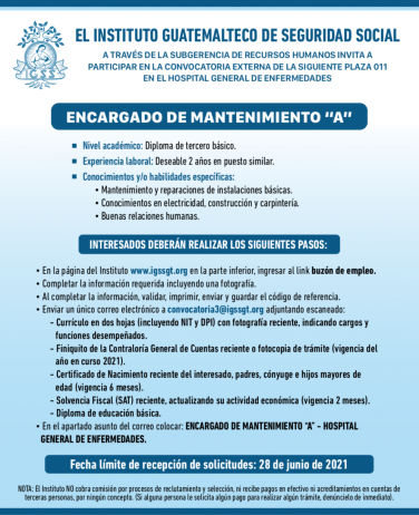 El IGSS invita a participar en la convocatoria para la plaza de Encargado de Mantenimiento A