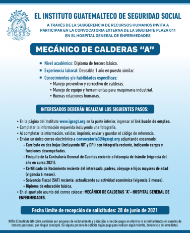 El IGSS invita a participar en la convocatoria para la plaza de Mecánico de Calderas A