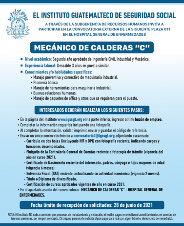 El IGSS invita a participar en la convocatoria para la plaza de Mecánico de Calderas C