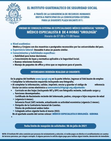 El IGSS invita a participar en la convocatoria para la plaza de Médico Especialista Urología