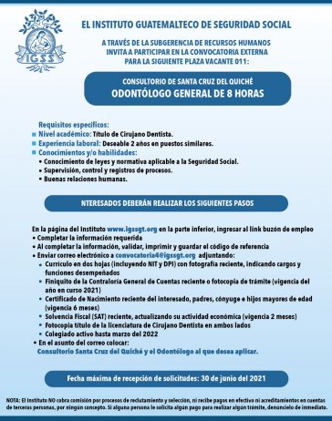 El IGSS invita a participar en la convocatoria para la plaza de Odontólogo General