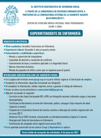 El IGSS invita a participar en la convocatoria para la plaza de Superintendente de Enfermería