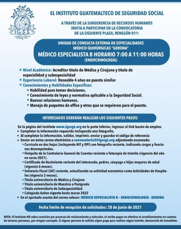 El IGSS invita a participar en la convocatoria para la plaza de Médico Especialista B (Endocrinología)