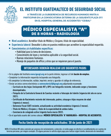 El IGSS invita a participar en la convocatoria para la plaza de Médico Especialista A (Radiología)