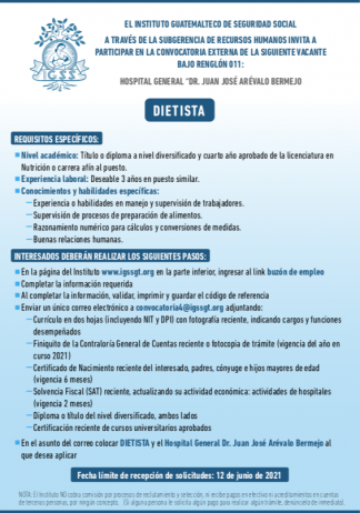 El IGSS invita a participar en la convocatoria para la plaza de Dietista