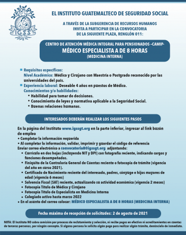 El IGSS invita a participar en la convocatoria para la plaza de Médico Especialista A de 8 horas