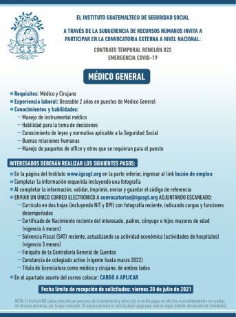 El IGSS invita a participar en la convocatoria para la plaza de Médico General