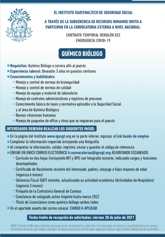 El IGSS invita a participar en la convocatoria para la plaza de Químico Biólogo