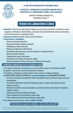 El IGSS invita a participar en la convocatoria para la plaza de Técnico en Laboratorio Clínico