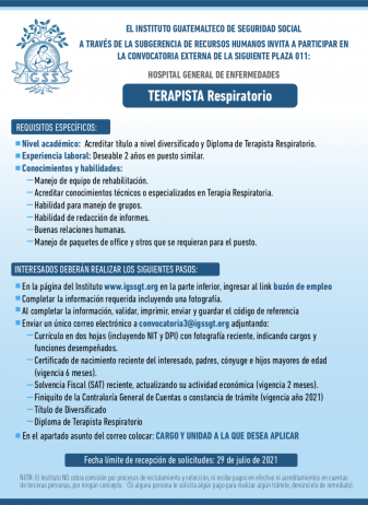El IGSS invita a participar en la convocatoria para la plaza de Terapista Respiratorio