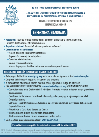 El IGSS invita a participar en la convocatoria para la plaza de Enfermera Graduada