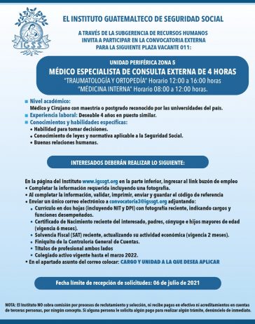 El IGSS invita a participar en la convocatoria para la plaza de Médico Especialista