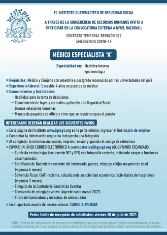 El IGSS invita a participar en la convocatoria para la plaza de Médico Especialista A
