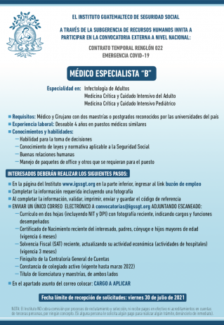 El IGSS invita a participar en la convocatoria para la plaza de Médico Especialista B
