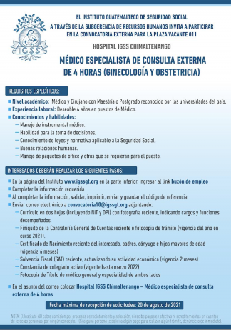 El IGSS invita a participar en la convocatoria para la plaza de Médico Especialista de Consulta Externa (Ginecología y Obstetricia)