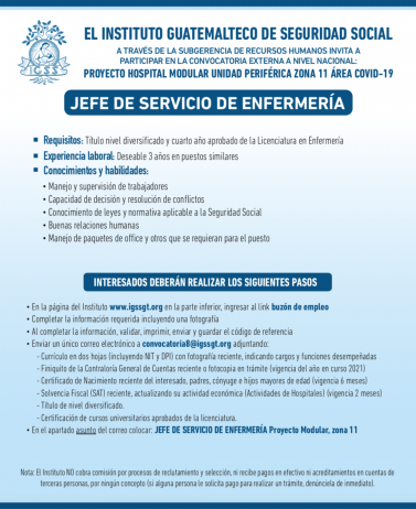 Convocatoria para la plaza de Jefe de Servicio de Enfermería en el Hospital Modular, Unidad Periférica Z.11 área COVID-19