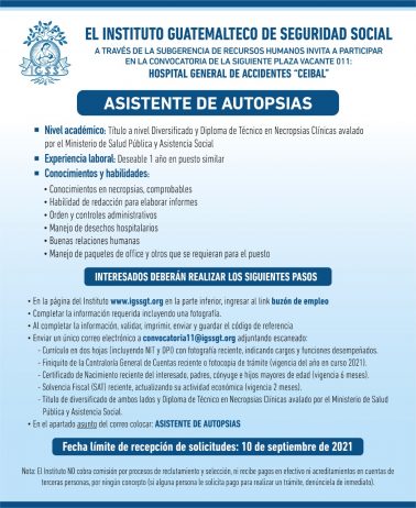 El IGSS invita a participar en la convocatoria para la plaza de Asistente de Autopsias