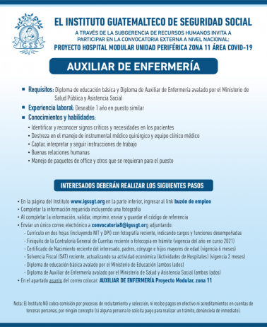 Convocatoria para la plaza de Auxiliar de Enfermería en el Hospital Modular, Unidad Periférica Z.11 área COVID-19