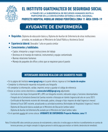Convocatoria para la plaza de Ayudante de Enfermería en el Hospital Modular, Unidad Periférica Z.11 área COVID-19