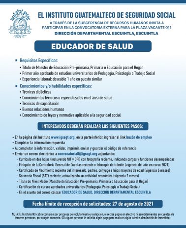 Convocatoria para la plaza de Educador en Salud para la Dirección Departamental Escuintla, Escuintla