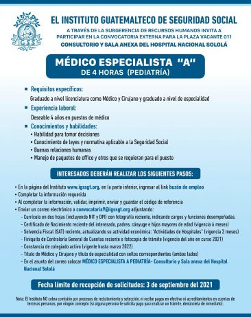 Convocatoria para la plaza de Médico Especialista A (Pediatría) para el Hospital Nacional Sololá