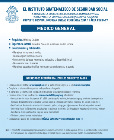 Convocatoria para la plaza de Médico General en el Hospital Modular, Unidad Periférica Z.11 área COVID-19