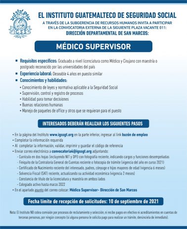 El IGSS invita a participar en la convocatoria para la plaza de Médico Supervisor